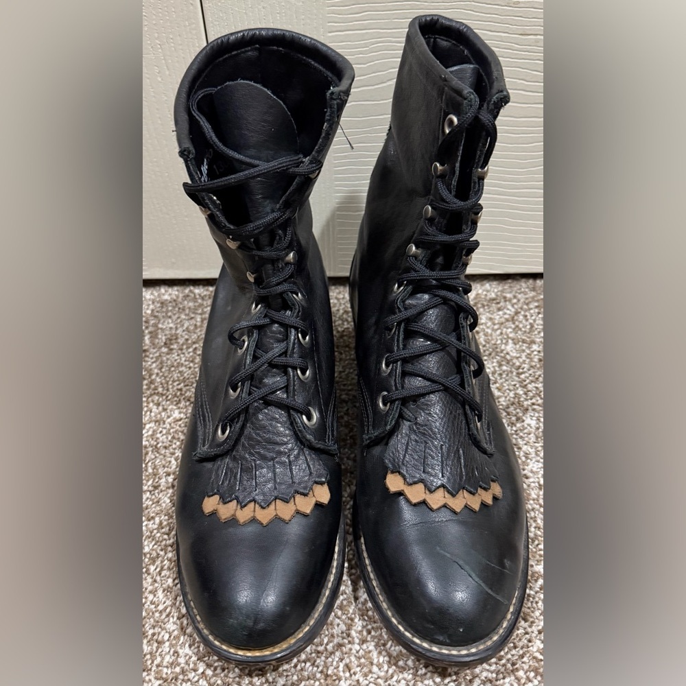 Laredo Roper Lace Up Kiltie Women’s 8M Western Black Leather Boots Made in USA
